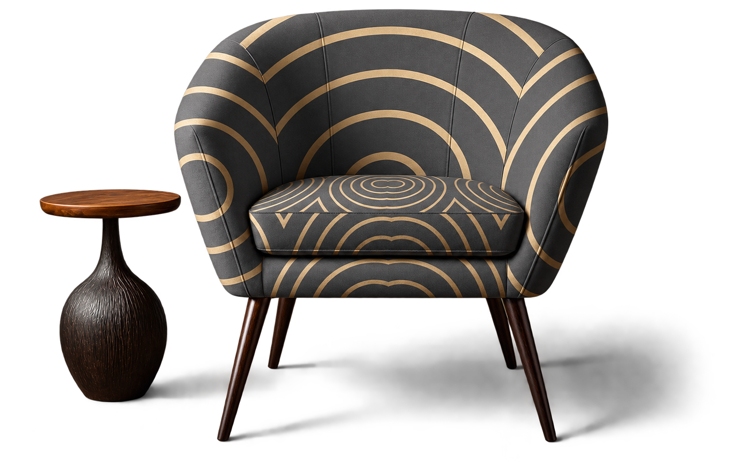 The Opacity arc motif carried from wall relief through to bespoke seating
